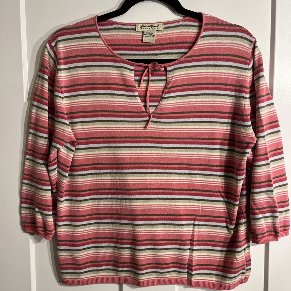 Eddie Bauer Vintage Pink Multi Striped Knit Sweater Keyhole Tie Women's Large
